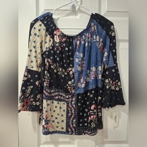 Style & Co. Patchwork Floral Blouse - Black, Blue, Cream